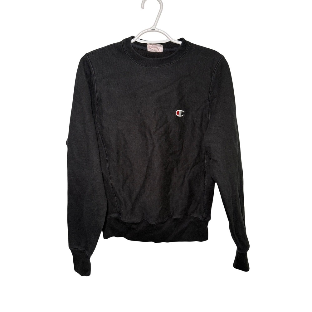 Champion Reverse Weave Black Crewneck Sweatshirt Small‎ Logo Spell Out Back